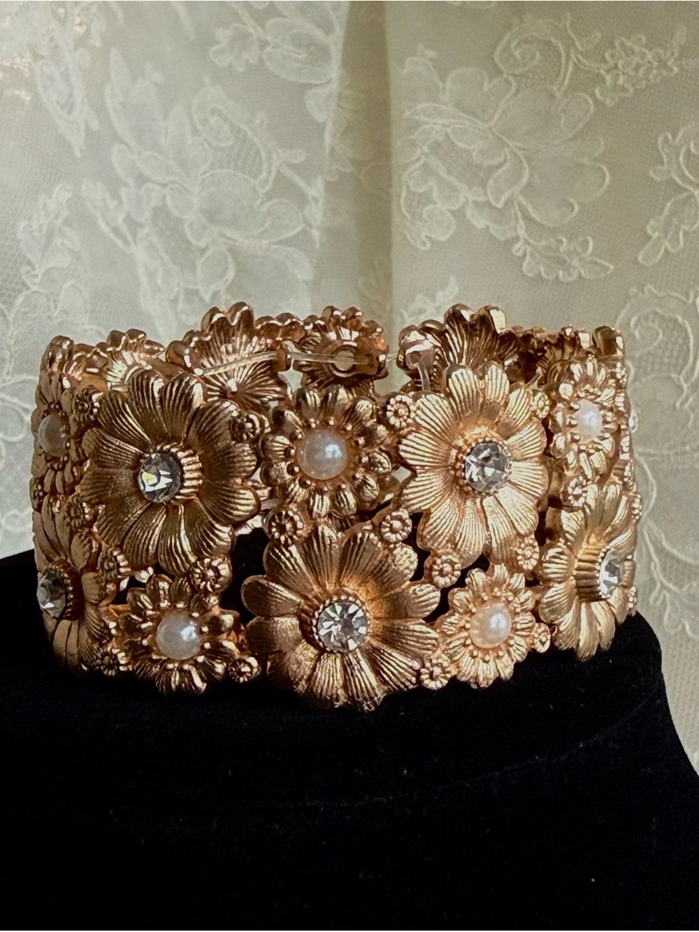 Antiqued Gold Floral Pearl Crystal Cuff Statement Botanical Glam Bracelet Chunky